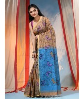 Cotton Blend Butterfly Print Half half Design Handloom Sarees with Blouse Piece (Khaki Blue)