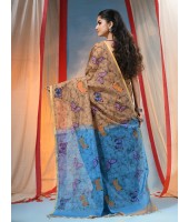 Cotton Blend Butterfly Print Half half Design Handloom Sarees with Blouse Piece (Khaki Blue)