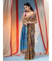 Cotton Blend Butterfly Print Half half Design Handloom Sarees with Blouse Piece (Khaki Blue)