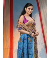 Cotton Blend Butterfly Print Half half Design Handloom Sarees with Blouse Piece (Khaki Blue)