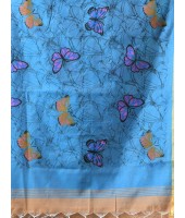 Cotton Blend Butterfly Print Half half Design Handloom Sarees with Blouse Piece (Khaki Blue)