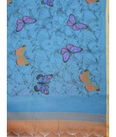 Cotton Blend Butterfly Print Half half Design Handloom Sarees with Blouse Piece (Khaki Blue)