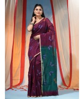 Cotton Blend Butterfly Print Half half Design Handloom Sarees with Blouse Piece (Marron Green)