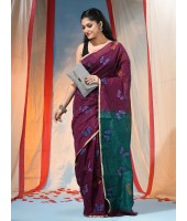 Cotton Blend Butterfly Print Half half Design Handloom Sarees with Blouse Piece (Marron Green)