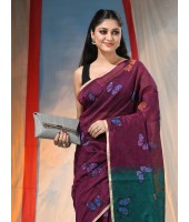 Cotton Blend Butterfly Print Half half Design Handloom Sarees with Blouse Piece (Marron Green)