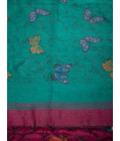 Cotton Blend Butterfly Print Half half Design Handloom Sarees with Blouse Piece (Marron Green)