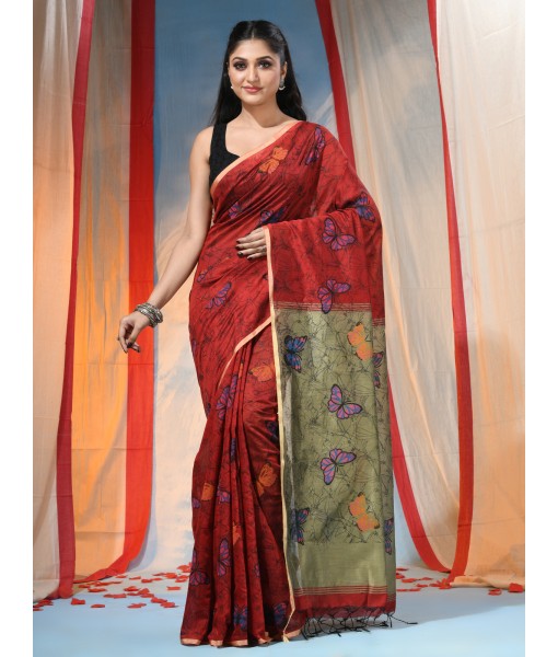 Cotton Blend Butterfly Print Half half Design Handloom Sarees with Blouse Piece (Red)