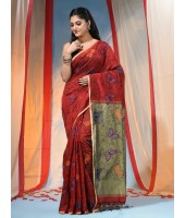 Cotton Blend Butterfly Print Half half Design Handloom Sarees with Blouse Piece (Red)