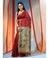 Cotton Blend Butterfly Print Half half Design Handloom Sarees with Blouse Piece (Red)