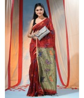 Cotton Blend Butterfly Print Half half Design Handloom Sarees with Blouse Piece (Red)