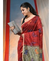 Cotton Blend Butterfly Print Half half Design Handloom Sarees with Blouse Piece (Red)