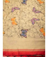 Cotton Blend Butterfly Print Half half Design Handloom Sarees with Blouse Piece (Red)