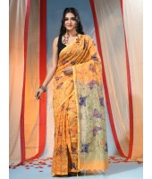 Cotton Blend Butterfly Print Half half Design Handloom Sarees with Blouse Piece (Yellow)