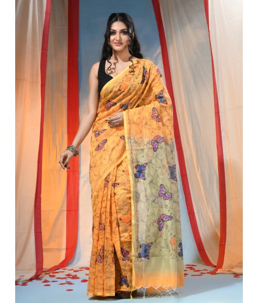 Cotton Blend Butterfly Print Half half Design Handloom Sarees with Blouse Piece (Yellow)