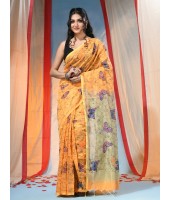 Cotton Blend Butterfly Print Half half Design Handloom Sarees with Blouse Piece (Yellow)