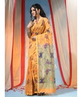 Cotton Blend Butterfly Print Half half Design Handloom Sarees with Blouse Piece (Yellow)