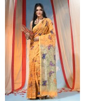 Cotton Blend Butterfly Print Half half Design Handloom Sarees with Blouse Piece (Yellow)