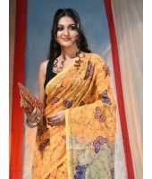 Cotton Blend Butterfly Print Half half Design Handloom Sarees with Blouse Piece (Yellow)