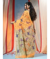 Cotton Blend Butterfly Print Half half Design Handloom Sarees with Blouse Piece (Yellow)