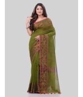 DESH BIDESH Women`s Cotton Handloom Cotton Silk Saree Gulab Work With Blouse Piece(Dark Green)