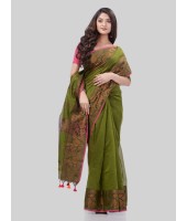 DESH BIDESH Women`s Cotton Handloom Cotton Silk Saree Gulab Work With Blouse Piece(Dark Green)