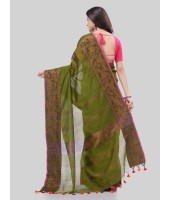 DESH BIDESH Women`s Cotton Handloom Cotton Silk Saree Gulab Work With Blouse Piece(Dark Green)