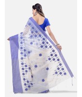  Pure Cotton Handloom Traditional Khadi Bengali Tant Saree Very Soft Cotton Materials Star Design With Blouse Piece (Blue White)   