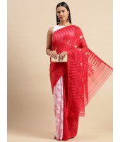 Handloom Tant Soft Dhakai Jamdani Cotton Saree (Red-White) with Whole Body Design - Durga Puja Collection