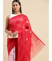 Handloom Tant Soft Dhakai Jamdani Cotton Saree (Red-White) with Whole Body Design - Durga Puja Collection