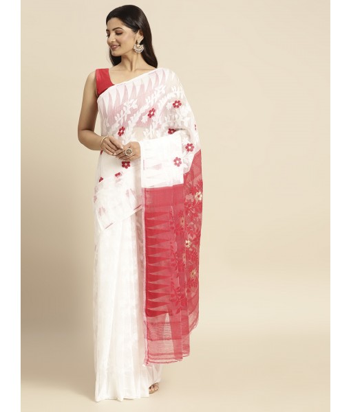 Handloom Tant Soft Dhakai Jamdani Cotton Saree (White-Red) with Whole Body Design - Durga Puja Collection