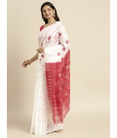 Handloom Tant Soft Dhakai Jamdani Cotton Saree (White-Red) with Whole Body Design - Durga Puja Collection