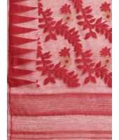 Handloom Tant Soft Dhakai Jamdani Cotton Saree (White-Red) with Whole Body Design - Durga Puja Collection