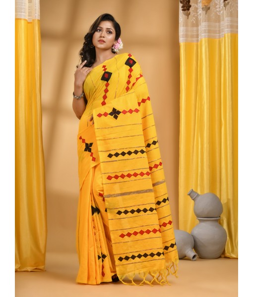 Khesh Pure Cotton Handloom Saree Diamond Designed With Blouse Piece(Yellow)