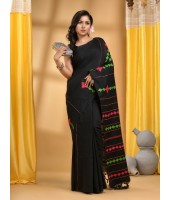 Bengali Khesh Pure Cotton Handloom Saree Diamond Designed With Blouse Piece(Black)