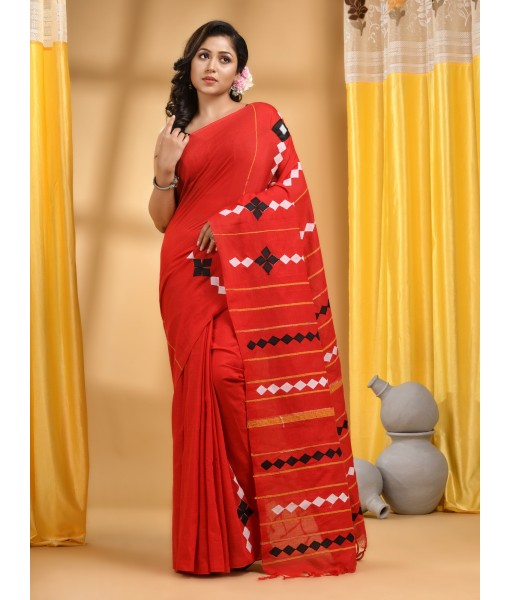 Khesh Pure Cotton Handloom Saree Diamond Designed With Blouse Piece(Red)