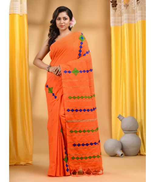  Women`s Bengali Khesh Pure Cotton Handloom Saree Diamond Designed With Blouse Piece(Orange)