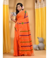  Women`s Bengali Khesh Pure Cotton Handloom Saree Diamond Designed With Blouse Piece(Orange)