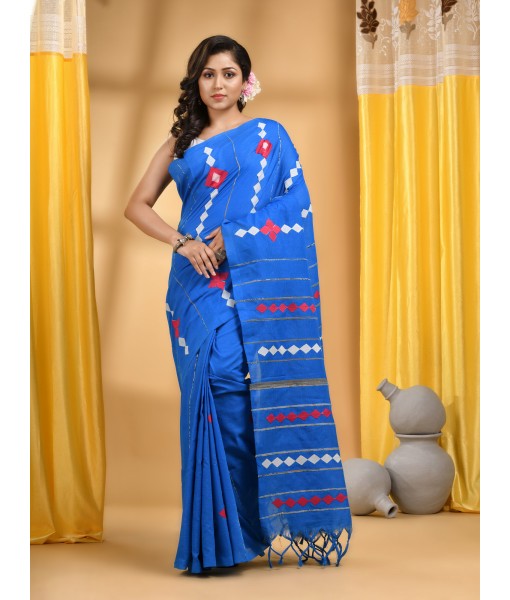 Bengali Khesh Pure Cotton Handloom Saree Diamond Designed With Blouse Piece(Sky Blue)