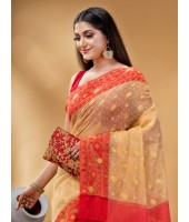  Digital MinaKarat Resham Dhakai jamdani Bengal Pure Cotton Handloom Saree Whole Body Design without Blouse Piece (Off White Red)