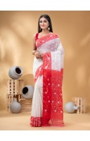  Digital MinaKarat Resham Dhakai jamdani Bengal Pure Cotton Handloom Saree Whole Body Design without Blouse Piece (White Red)