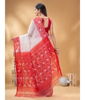  Digital MinaKarat Resham Dhakai jamdani Bengal Pure Cotton Handloom Saree Whole Body Design without Blouse Piece (White Red)