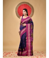 Traditional Pure Handloom Cotton Saree Flower Leaf Kolka Woven Design Without Blouse Piece (Deep Blue)