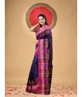 Traditional Pure Handloom Cotton Saree Flower Leaf Kolka Woven Design Without Blouse Piece (Deep Blue)