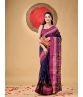 Traditional Pure Handloom Cotton Saree Flower Leaf Kolka Woven Design Without Blouse Piece (Deep Blue)