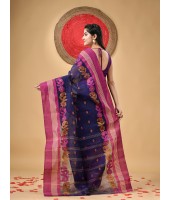 Traditional Pure Handloom Cotton Saree Flower Leaf Kolka Woven Design Without Blouse Piece (Deep Blue)