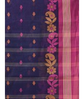 Traditional Pure Handloom Cotton Saree Flower Leaf Kolka Woven Design Without Blouse Piece (Deep Blue)