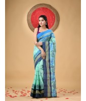 Traditional Pure Handloom Cotton Saree Flower Leaf Kolka Woven Design Without Blouse Piece (Firoza)