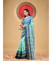 Traditional Pure Handloom Cotton Saree Flower Leaf Kolka Woven Design Without Blouse Piece (Firoza)