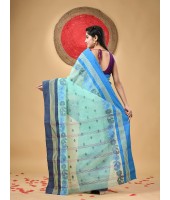 Traditional Pure Handloom Cotton Saree Flower Leaf Kolka Woven Design Without Blouse Piece (Firoza)