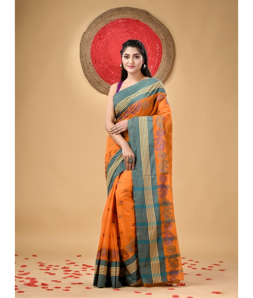 Traditional Pure Handloom Cotton Saree Flower Leaf Kolka Woven Design Without Blouse Piece (Orange)